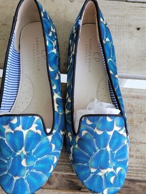Charles Philip Floral Blue Slip-On Flats for Women